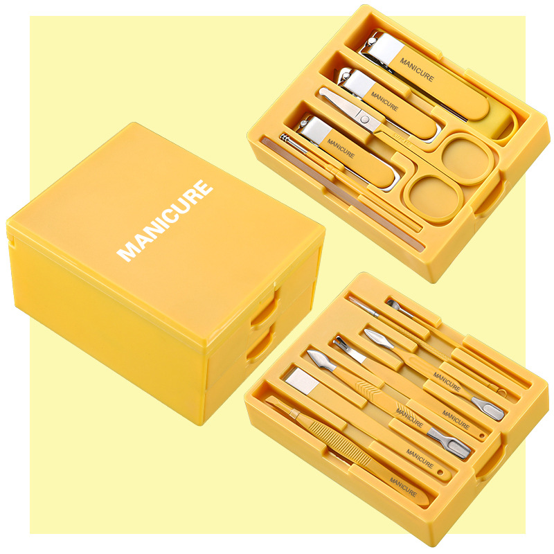 Yellow Premium 13-in-1 Manicure & Grooming Kit - Professional Carbon Steel Pedicure Set with Dual-Drawer Case & Mirror