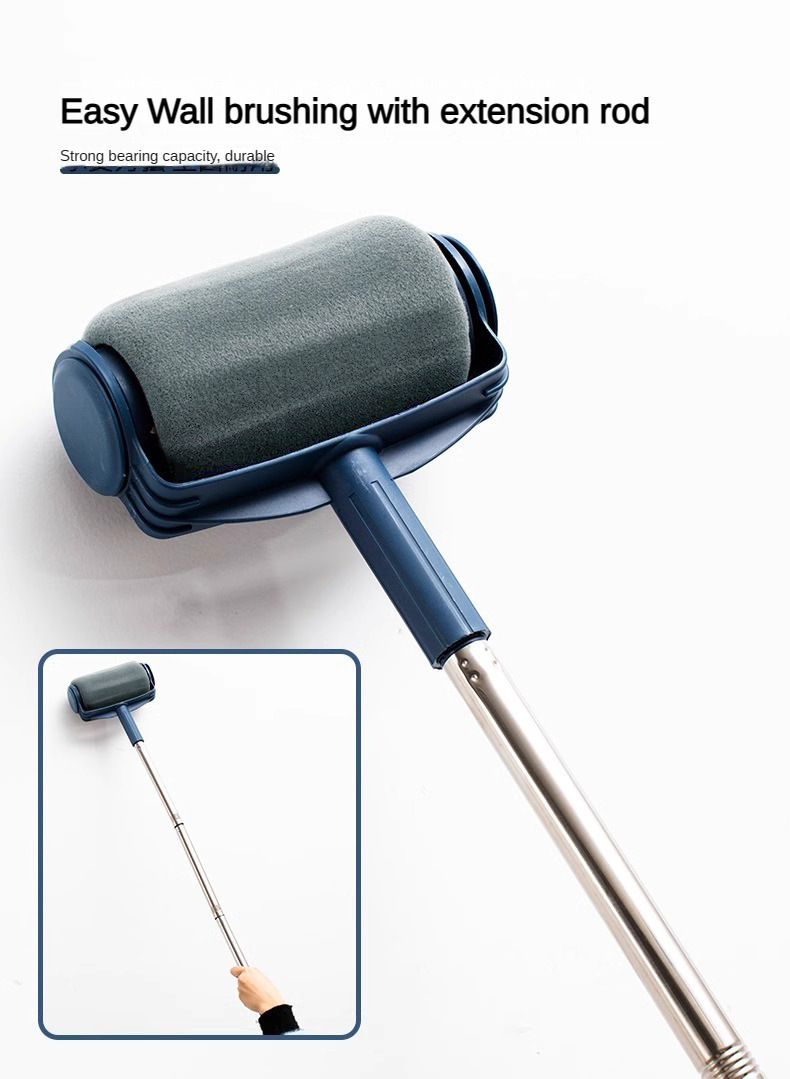 Dark Blue and Grey Pro Refillable Paint Roller Set with Extension Pole - No-Drip Easy Fill Wall Painting Tool Kit