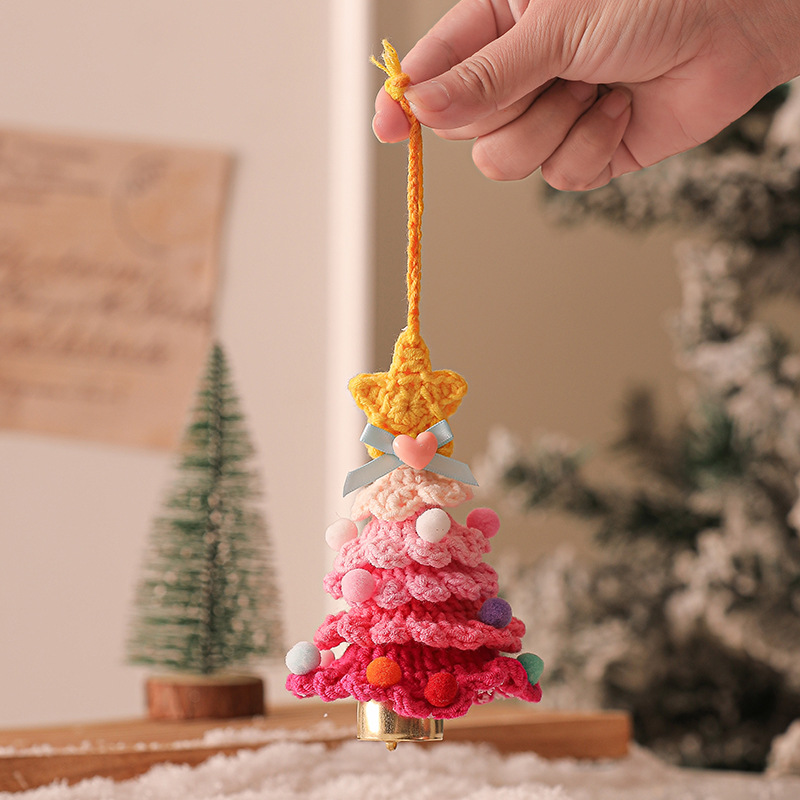 2 Pcs Style A Yellow and Pink Handmade Crochet Christmas Tree Ornament - Festive Hanging Decoration with Jingle Bell