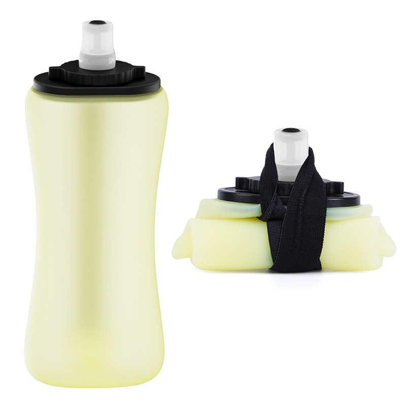 Yellow Collapsible Handheld Running Flask - 350ml Lightweight Silicone Water Bottle with Bite Valve