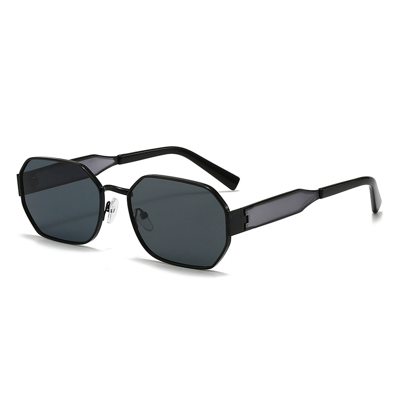 Black Frame and Black Grey Lenses Modern Retro Geometric Sunglasses - Chic Metal Frame with UV400 Lenses and Black PU Leather Protective Case