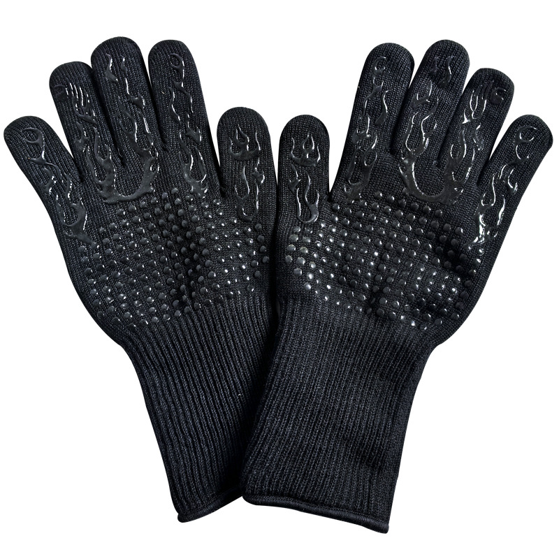 Black Flame Pattern Extreme Heat Resistant BBQ Gloves - 500°C Flame Design Oven Gloves with Non-Slip Silicone Grip