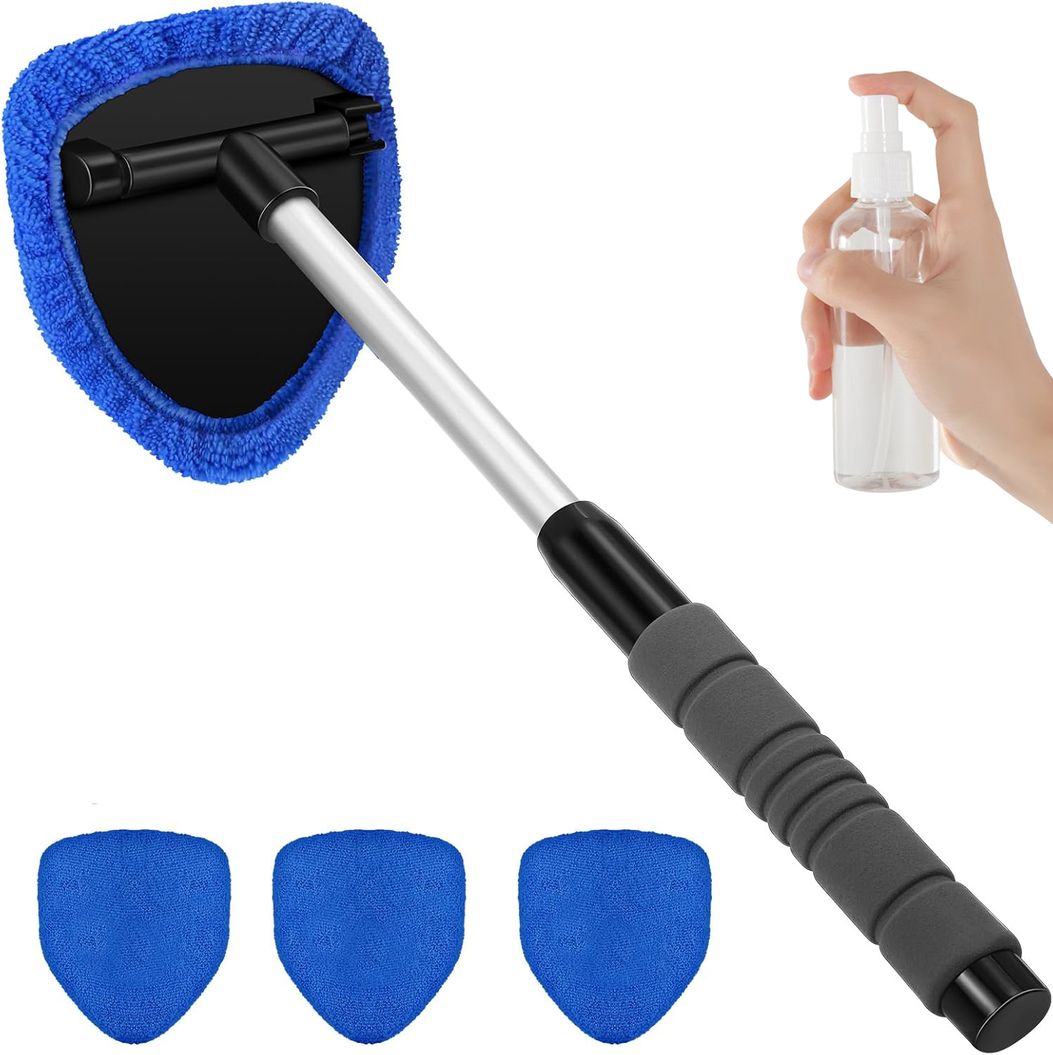 Blue Car Windshield Cleaner Tool, Inside with 4 Reusable and Washable Microfiber Pads and Extendable Handle, Moisture Removal Tool