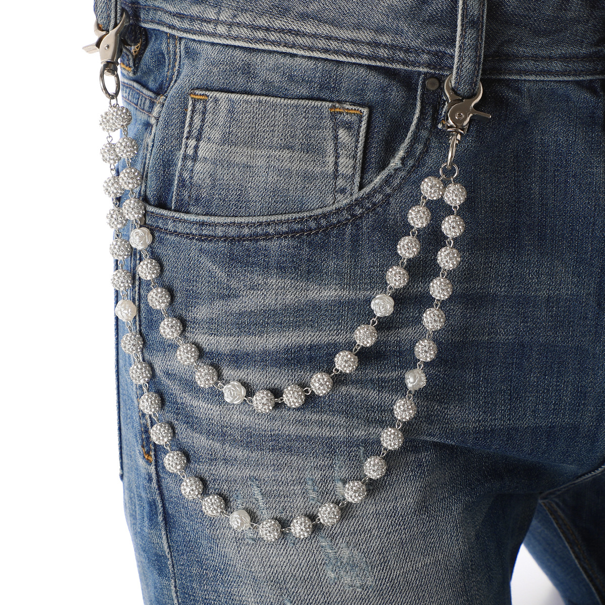 Silver and White Bling Rhinestone Beaded Wallet Chain - Double Layer Hip Hop Trouser Chain Jean Accessory(60g）