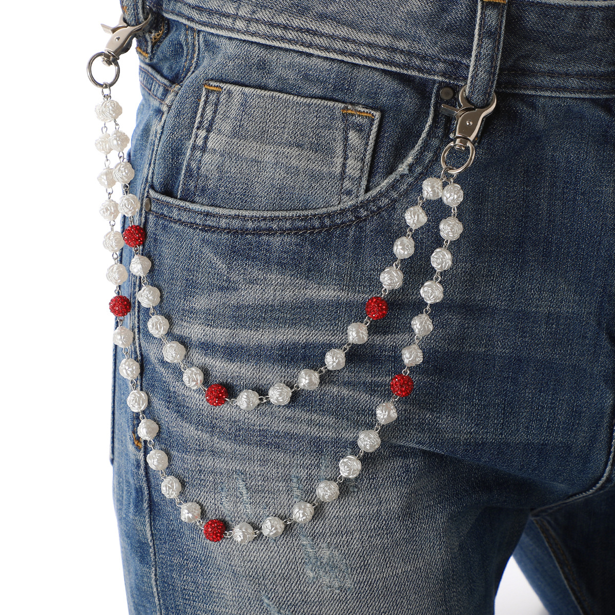 Red and White Bling Rhinestone Beaded Wallet Chain - Double Layer Hip Hop Trouser Chain Jean Accessory(45g）