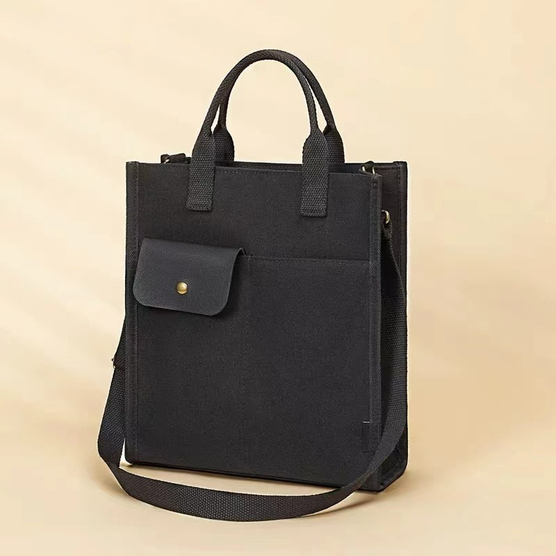 Black Unisex Canvas Tote Bag - Structured Vertical Shoulder Satchel with Front Pocket - Lightweight Crossbody for Work, Uni & Daily Commute