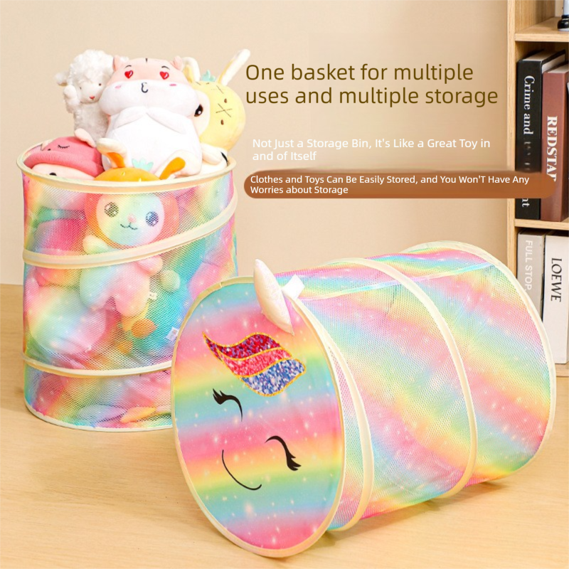 2 Pcs Cute Unicorn Design Foldable Mesh Storage Basket – Rainbow-Colored Toy Organizer for Plushies, Dolls & Kids' Toys