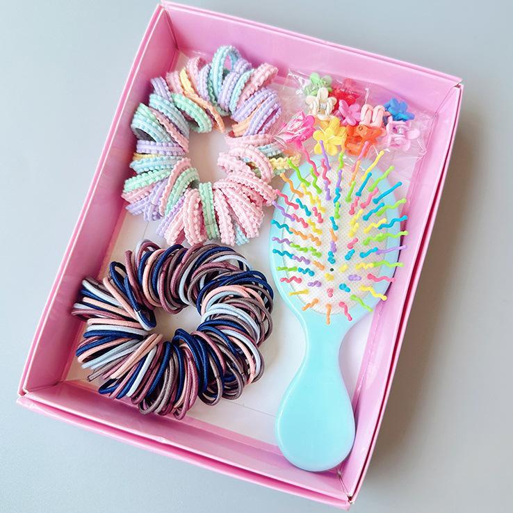 Style 6 Boxed Hair Tie Set with Pink Rubber Bands, Cute Hair Accessories & Mini Comb – Perfect Gift for Girls