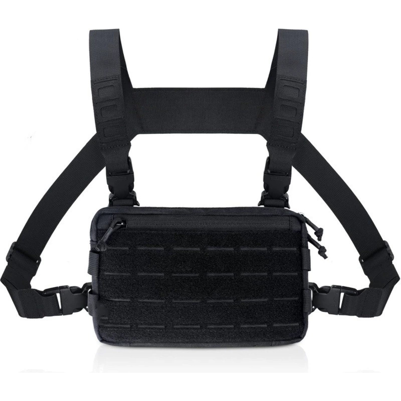 Black Minimalist Tactical Chest Rig - Lightweight Recon Pouch with Laser-Cut MOLLE & Quick-Release Buckles