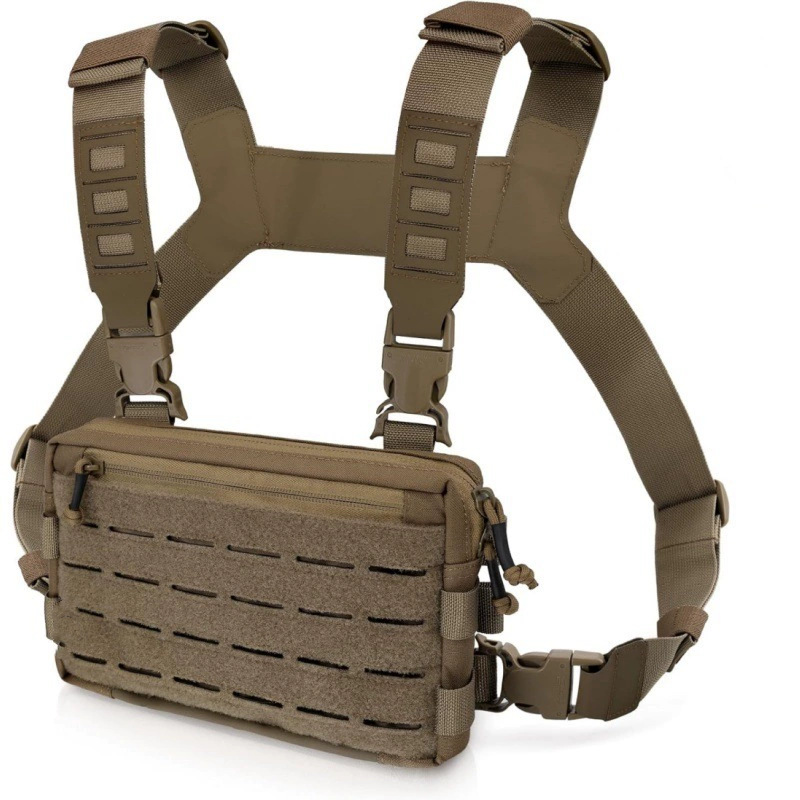 Khaki Minimalist Tactical Chest Rig - Lightweight Recon Pouch with Laser-Cut MOLLE & Quick-Release Buckles