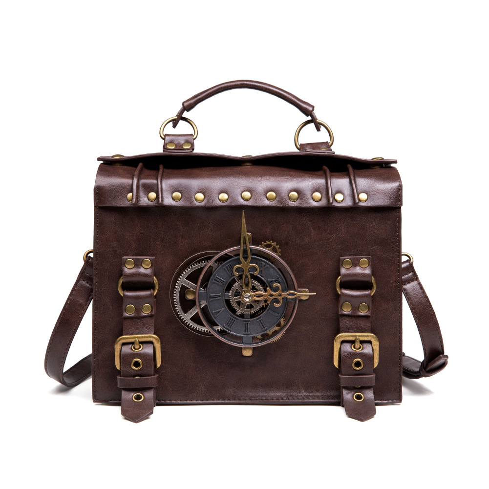 Retro Steampunk Satchel Bag with Decorative Clock & Gears - Gothic Crossbody Purse