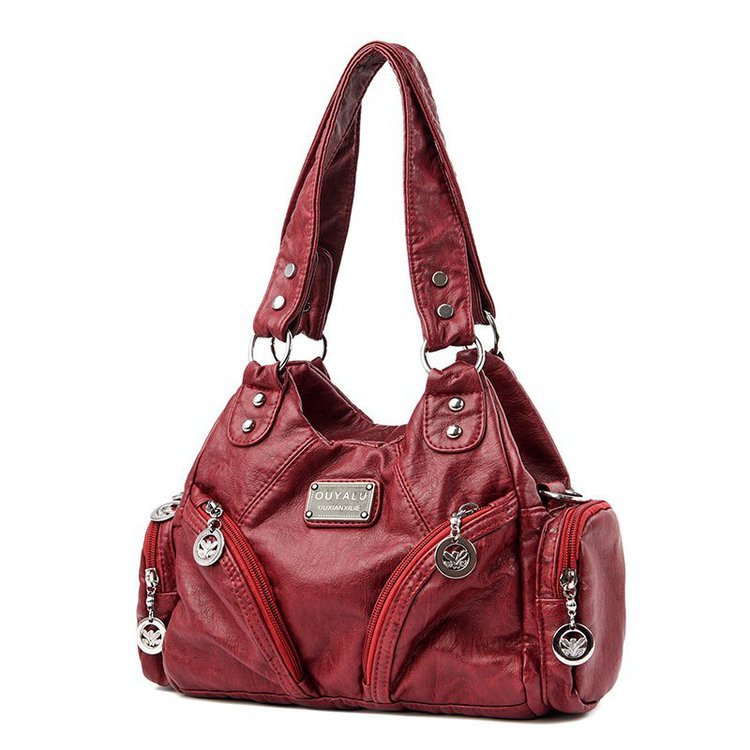 Wine Red Vintage Soft Leather Hobo Bag for Women - Multi-Pocket Shoulder Purse & Crossbody Handbag
