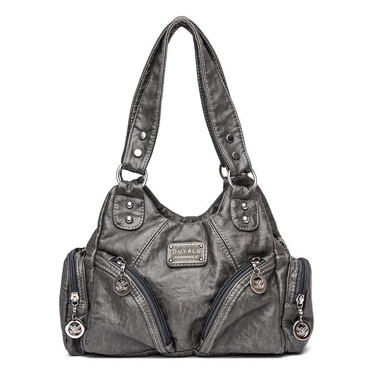 Grey Vintage Soft Leather Hobo Bag for Women - Multi-Pocket Shoulder Purse & Crossbody Handbag
