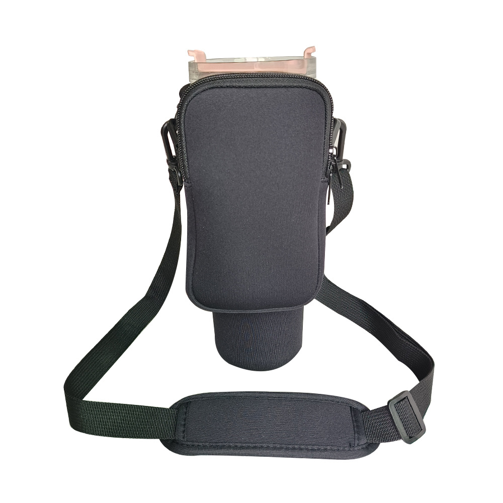 Black Crossbody Tumbler Carrier with Detachable Wallet Pouch and Adjustable Strap