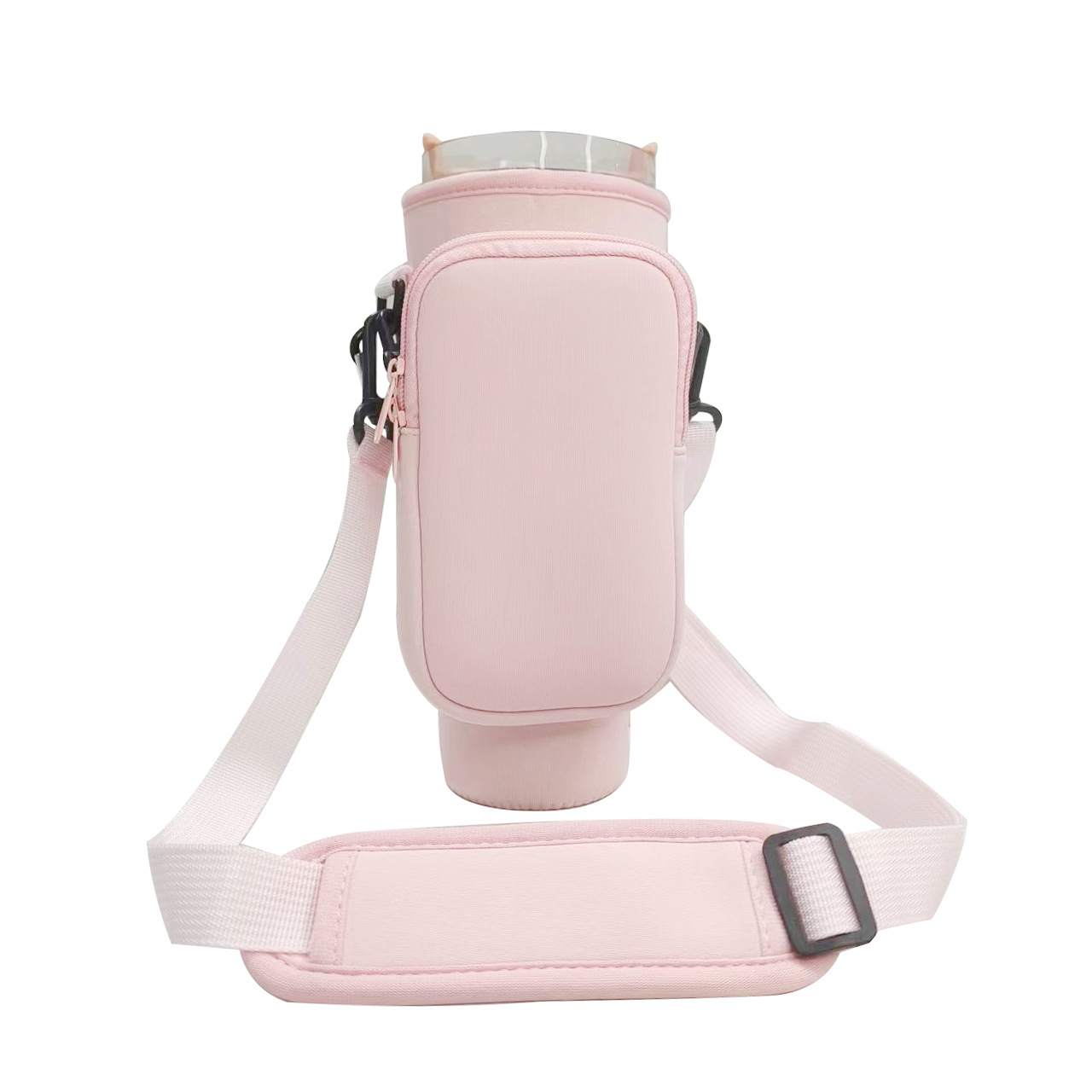 Light-pink Crossbody Tumbler Carrier with Detachable Wallet Pouch and Adjustable Strap