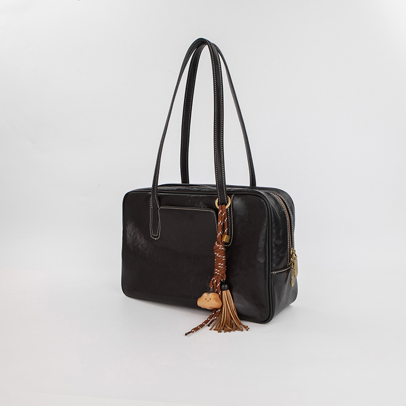 Large Size Black Vintage Genuine Split Leather Bowling Bag for Women - Retro Top Handle Satchel & Crossbody Purse