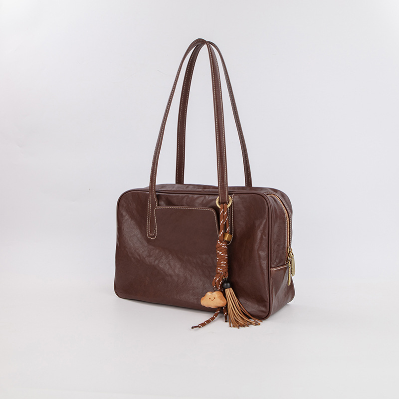 Large Size Coffee Brown Vintage Genuine Split Leather Bowling Bag for Women - Retro Top Handle Satchel & Crossbody Purse