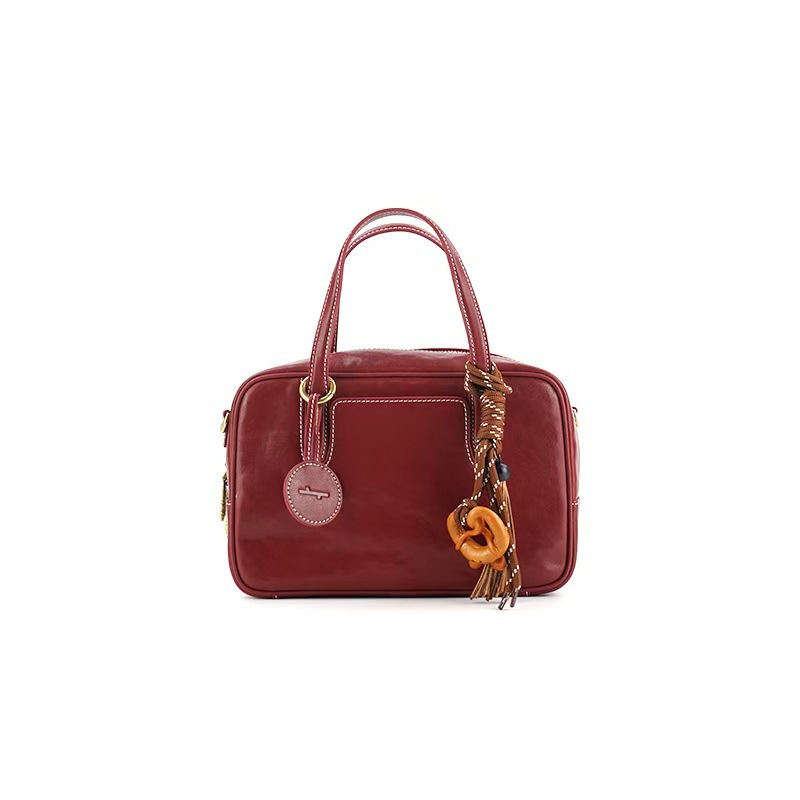 Small Size Red Vintage Genuine Split Leather Bowling Bag for Women - Retro Top Handle Satchel & Crossbody Purse