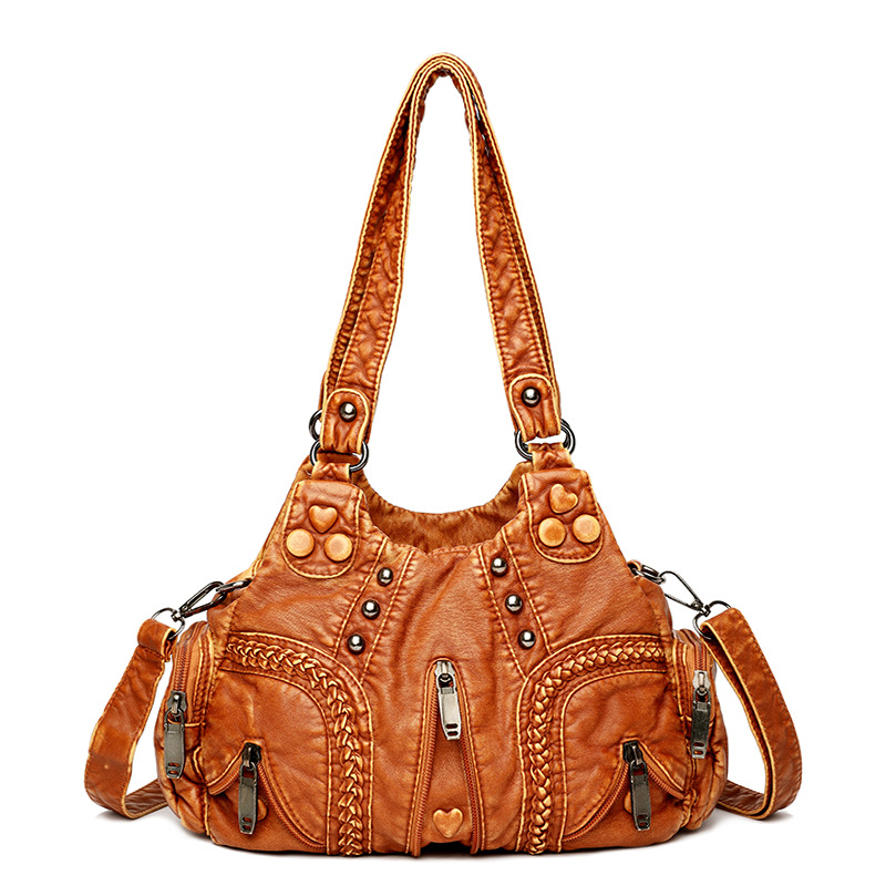 Yellow Women's Vintage Studded Hobo Bag - Soft Washed Leather Multi-Pocket Shoulder & Crossbody Purse