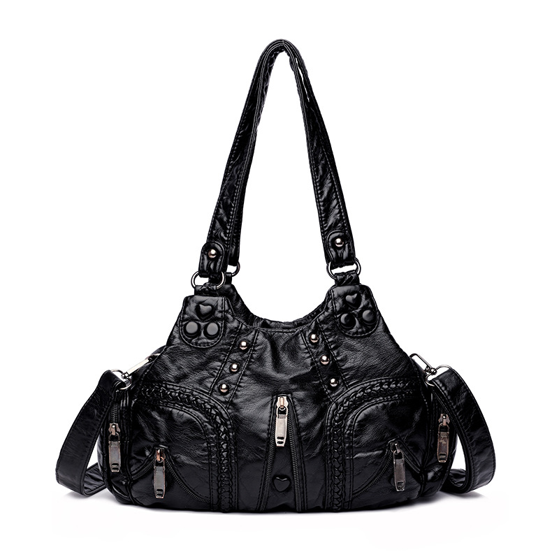Black Women's Vintage Studded Hobo Bag - Soft Washed Leather Multi-Pocket Shoulder & Crossbody Purse