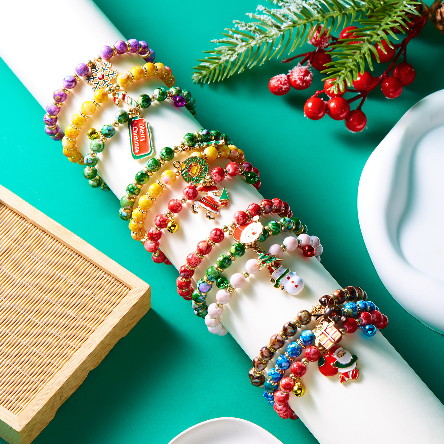 (12-Pack) Festive Christmas Beaded Charm Bracelet Set- Santa, Snowman & Reindeer Jewelry