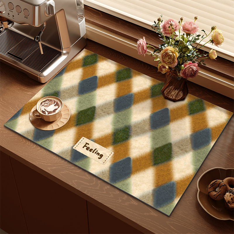 2-Piece Colourful Diamond Pattern Dopamine Drain Mat Set - 30x40cm Coffee Machine Mat, Bar Mat, Heat Resistant Kitchen Countertop Absorbent Mat
