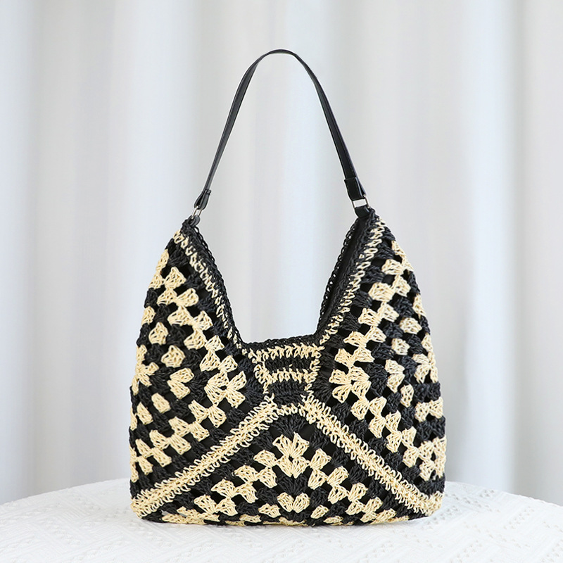 Black Stylish Woven Shoulder Bag - Fashionable Versatile Handbag & Crossbody Straw Beach Tote (39x27x39 cm)