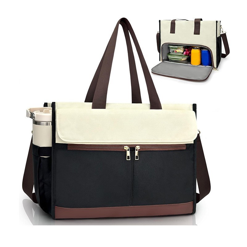 Black-brown Large Capacity Insulated Lunch Tote Bag with Shoulder Strap Leakproof Cooler Handbag Multi-Pocket Work Organizer for Office and Picnics