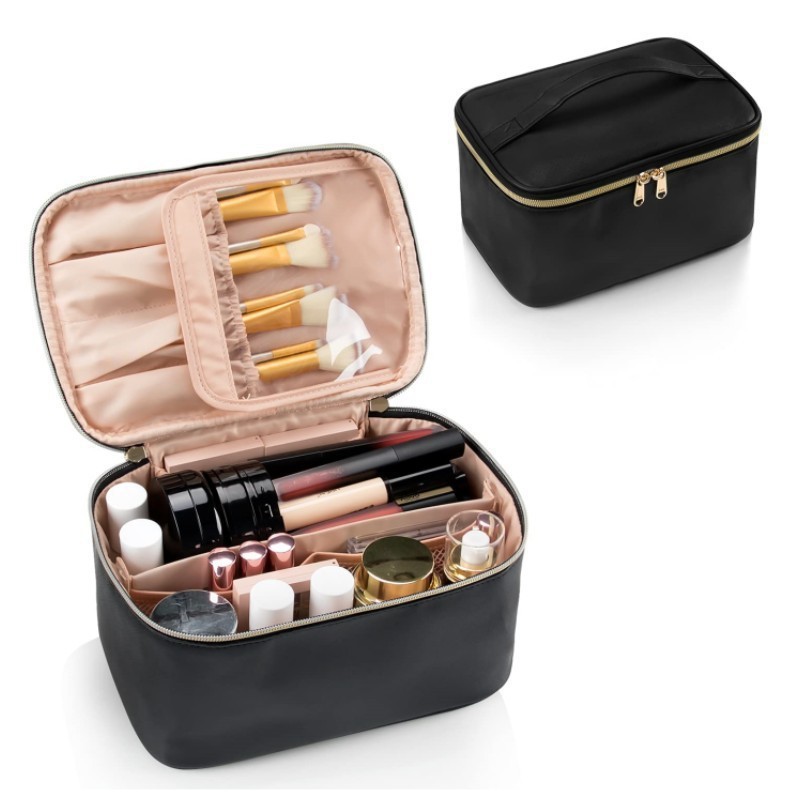 Black Large Capacity Travel Makeup Bag Portable Cosmetic Case with Handle and Dividers Elegant Toiletry Organizer for Daily Use