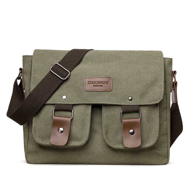 Army Green Vintage Canvas Messenger Bag Men Crossbody Satchel Durable Shoulder Bag for Work and Travel Multi Pocket Casual Daypack