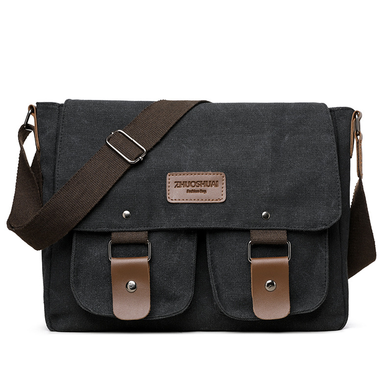 Black Vintage Canvas Messenger Bag Men Crossbody Satchel Durable Shoulder Bag for Work and Travel Multi Pocket Casual Daypack