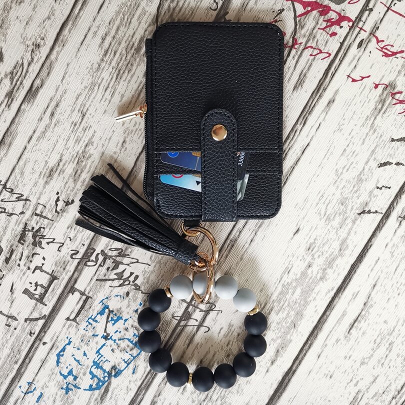 2 Pack Black Silicone Beaded Wristlet Keychain Wallet Bangle with Tassel PU Leather ID Card Holder for Women Hands Free Key Ring Organiser