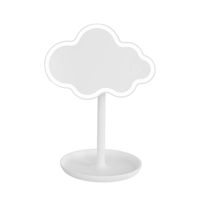 White Cute Cloud Shaped LED Makeup Mirror Desktop Vanity Light with Storage Tray 360 Rotation Cordless Cosmetic Beauty Tool
