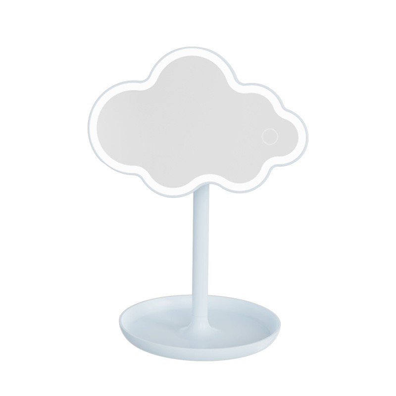 Blue Cute Cloud Shaped LED Makeup Mirror Desktop Vanity Light with Storage Tray 360 Rotation Cordless Cosmetic Beauty Tool