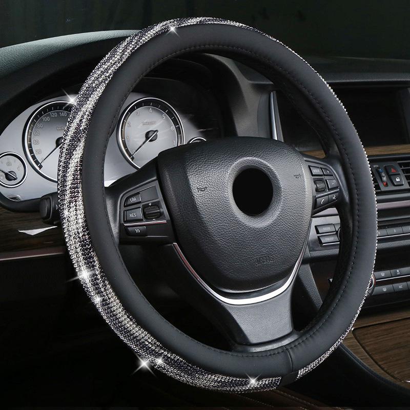 White-black Bling Crystal Steering Wheel Cover 38cm Universal Fit Rhinestone Car Accessories for Women - Non-Slip Diamond Protector for Standard 15 Inch Wheels