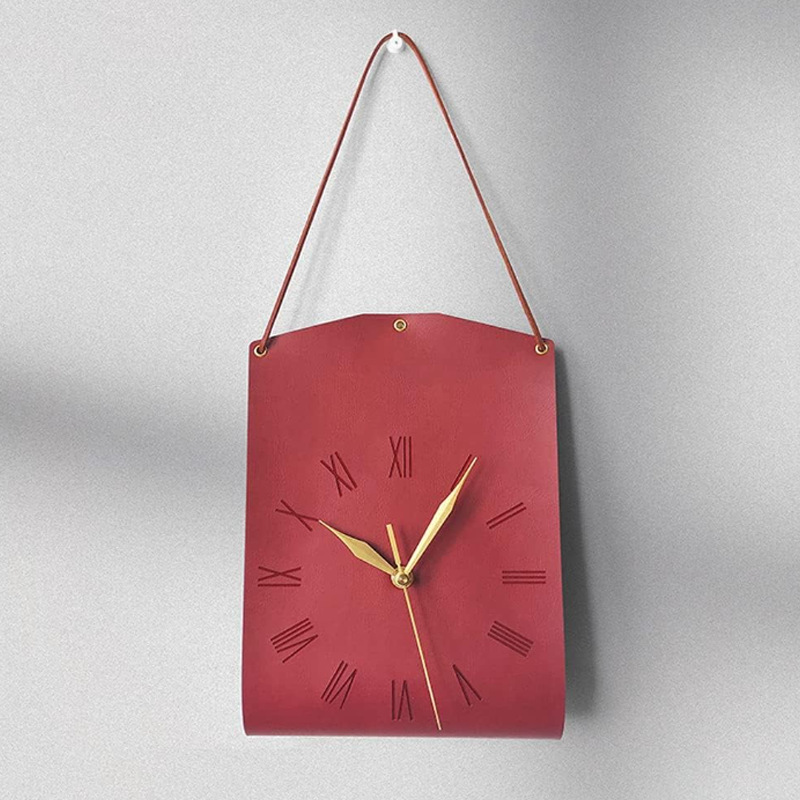 Red Nordic Style PU Leather Hanging Wall Clock Vintage Industrial Design with Roman Numerals Creative Art Timepiece for Cafe Living Room and Office