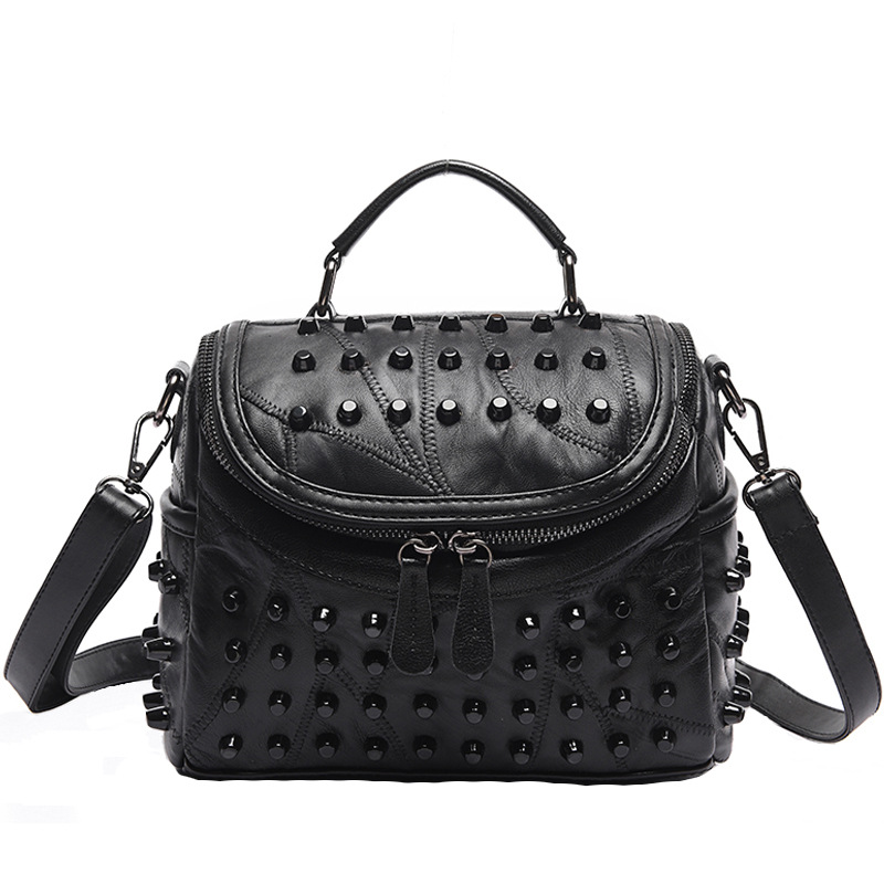 Women's Black Studded Handbag Soft PU Leather Crossbody Shoulder Bag with Rivets Trendy Box Purse 22cm for Travel Party