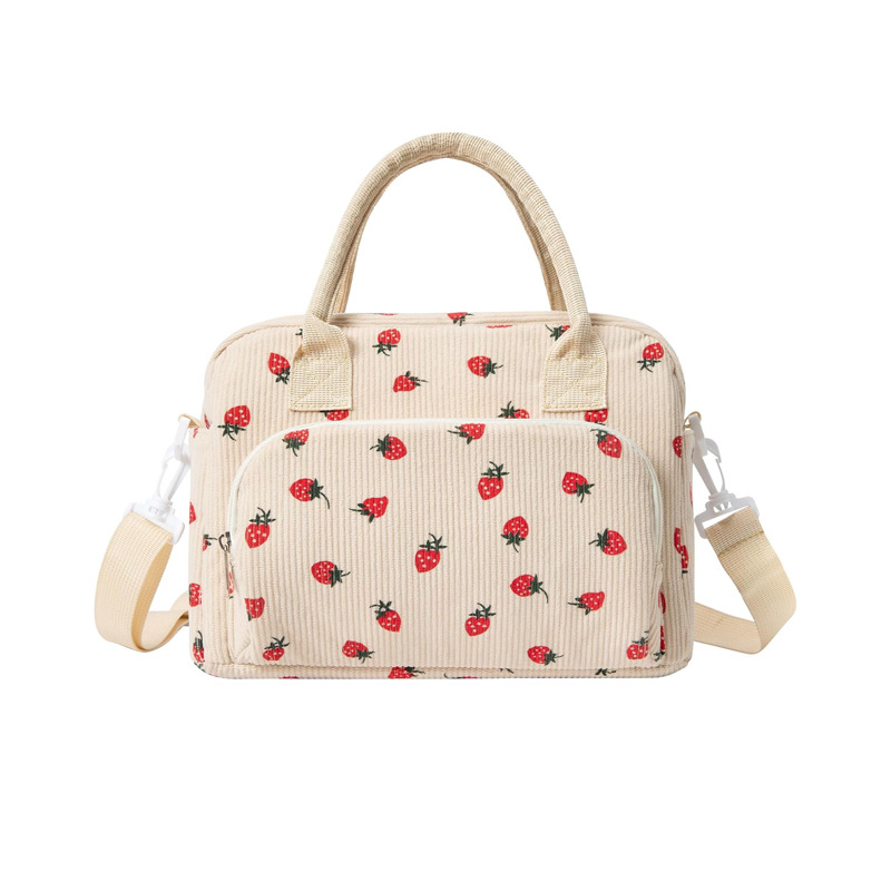 Beige Women's Large Corduroy Lunch Bag Insulated Thermal Tote Strawberry Print with Shoulder Strap for Work School & Picnics