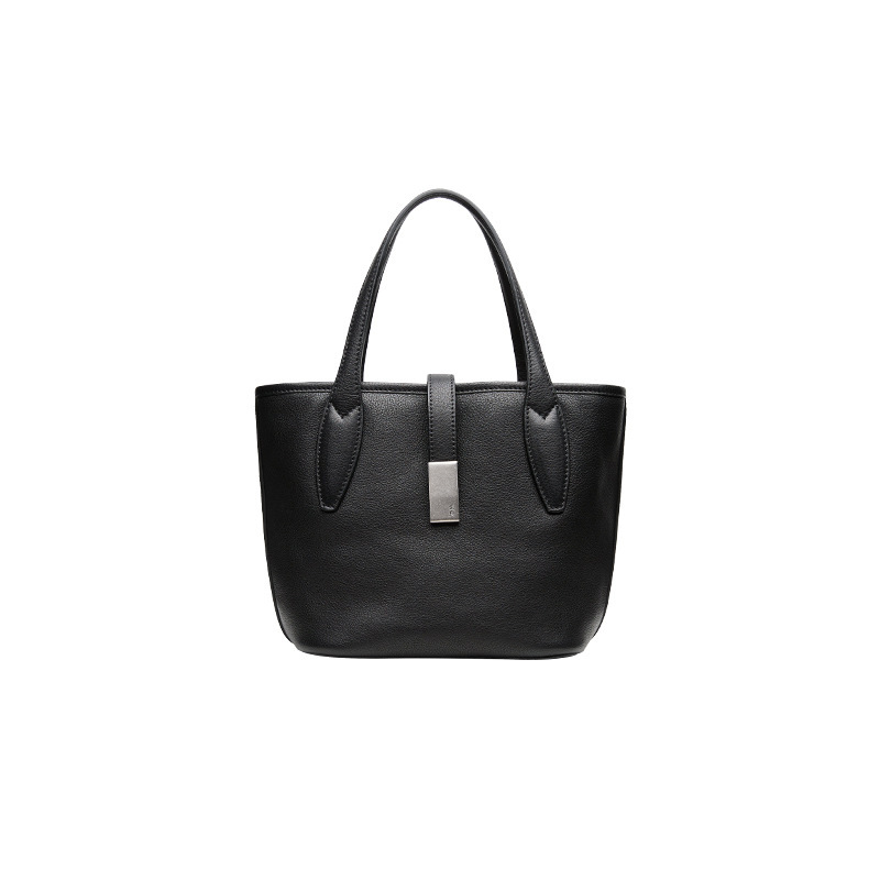 Black Women's Vegetable Tanned Leather Bucket Bag Minimalist Crossbody Handbag with Inner Canvas Pouch for Work Daily Use