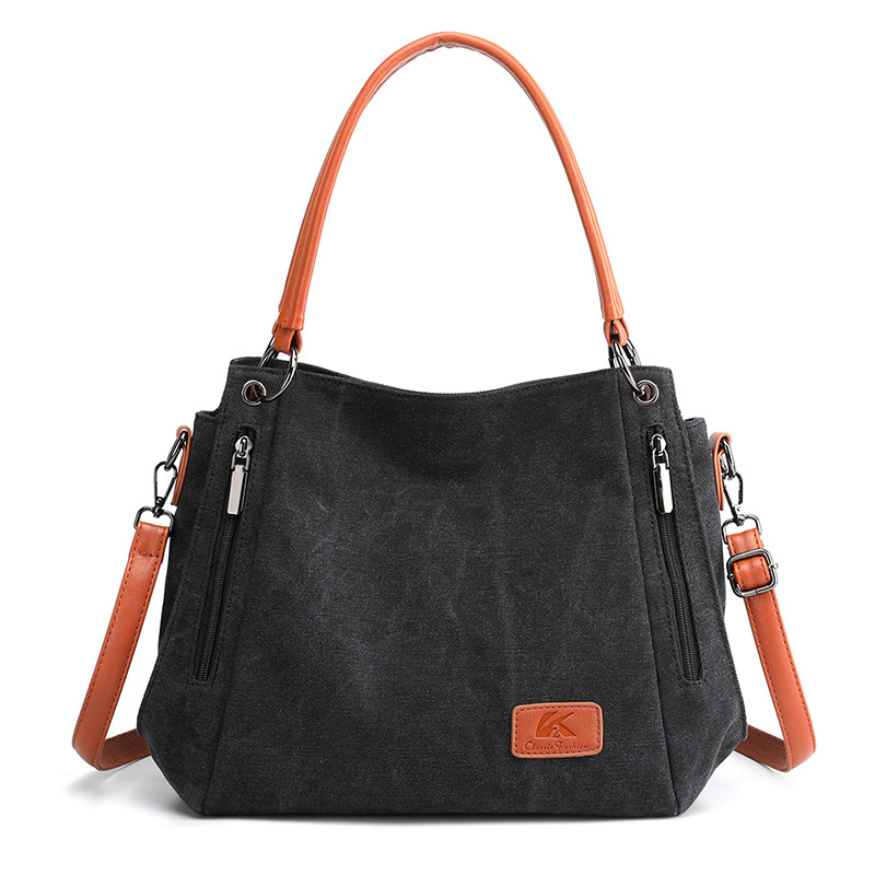Black Women's Canvas Hobo Handbag Large Shoulder Tote Bag Adjustable Crossbody Strap Casual Purse 40cm for Work School Travel