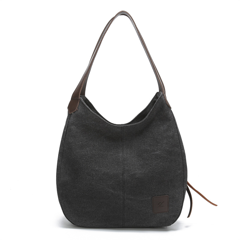 Black Women's Canvas Hobo Handbag Multi-Compartment Shoulder Tote Bag Minimalist Casual Purse 30cm for Work Shopping & Travel