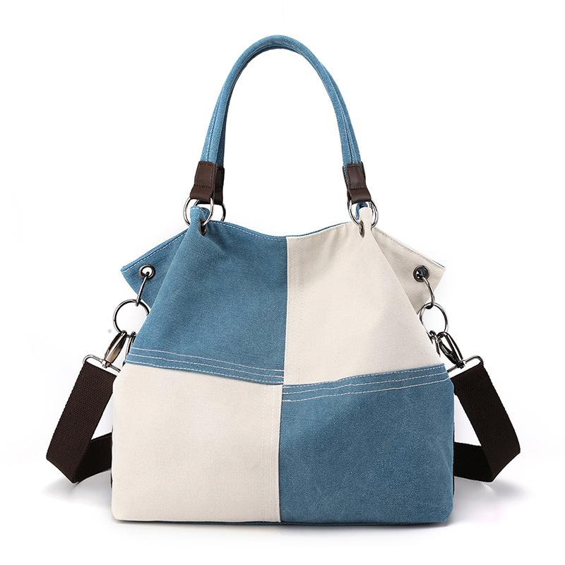 Blue Women's Canvas Patchwork Tote Bag Large Capacity Shoulder Handbag Fits A4 Magazine Adjustable Crossbody Strap 34cm for Work & School