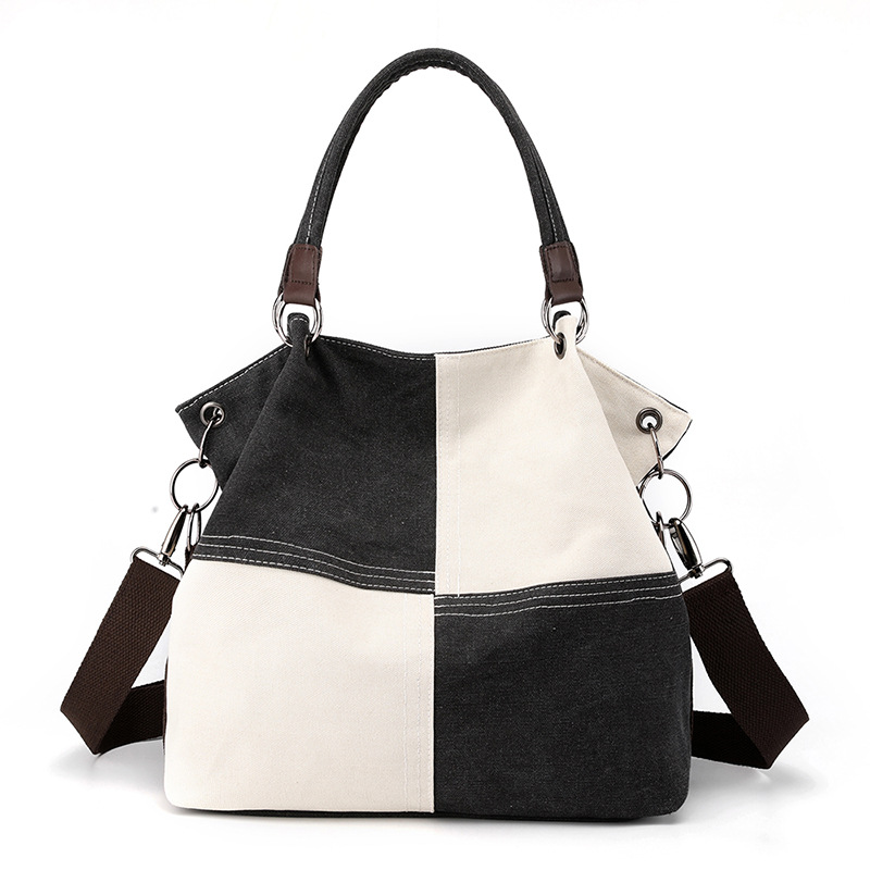 Black Women's Canvas Patchwork Tote Bag Large Capacity Shoulder Handbag Fits A4 Magazine Adjustable Crossbody Strap 34cm for Work & School
