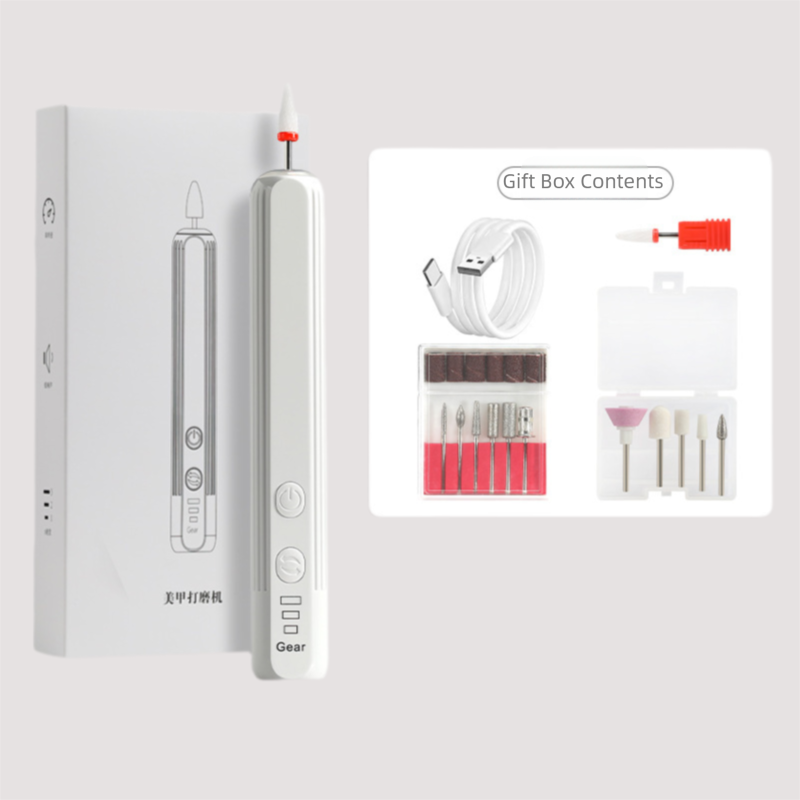 White Pro Portable Electric Nail Drill Kit With 10 Bits - Fast, Quiet, Rechargeable