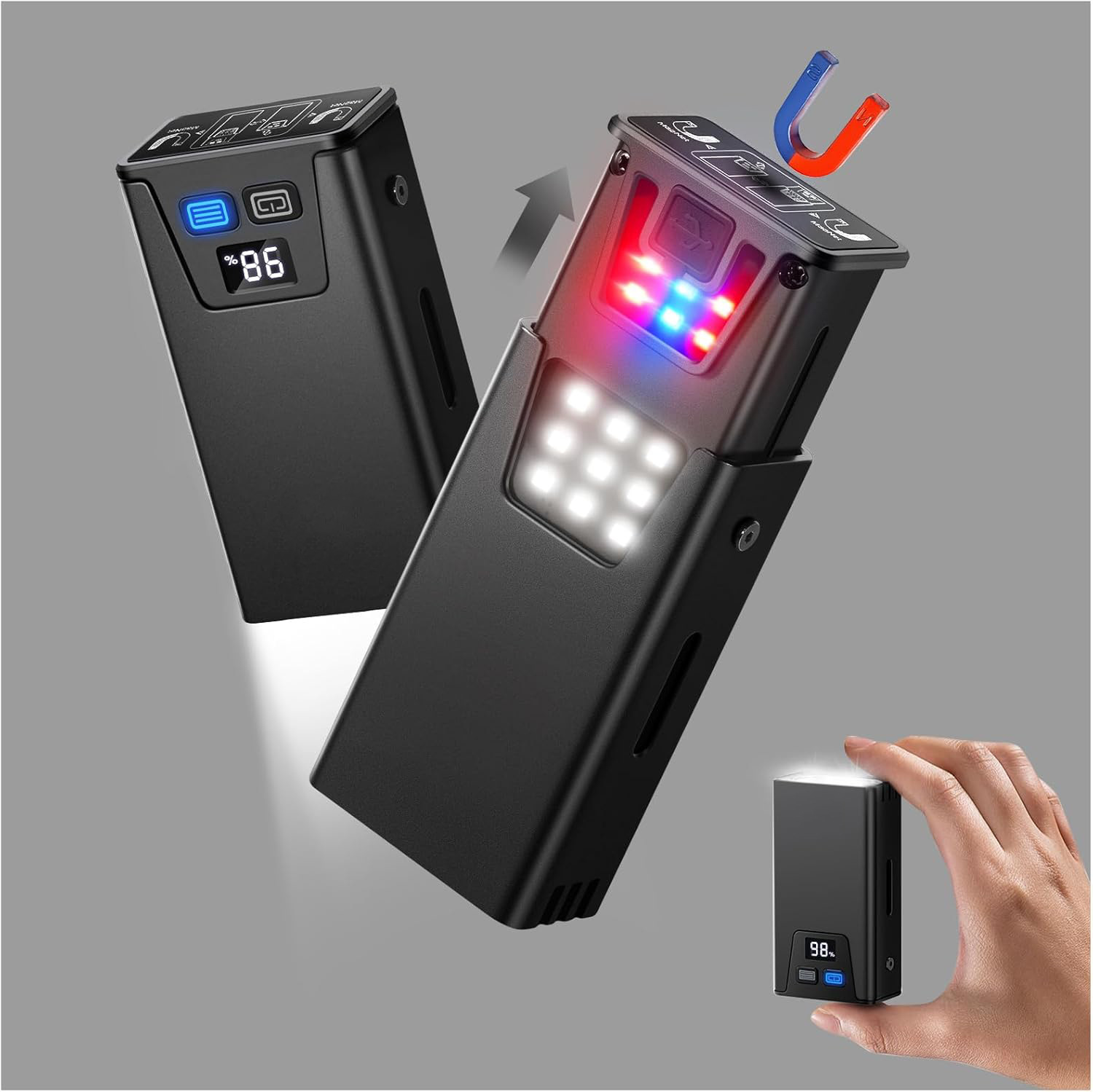 Black Magnetic Flashlight: Spotlight, COB Flood,  Red&Blue Warning
