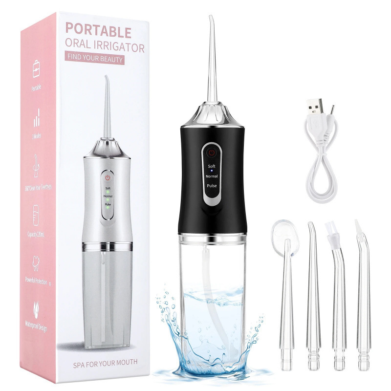 Black Cordless Water Flosser & Oral Irrigator - USB Rechargeable Portable Teeth Cleaner with 3 Modes & 4 Jet Tips