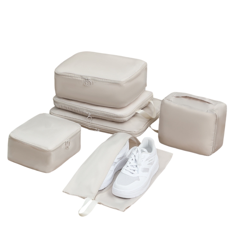 6-Piece Off-White Memory Fabric Travel Compression Packing Cubes Set - Waterproof, Anti-Wrinkle Luggage Organizer & Space Saver