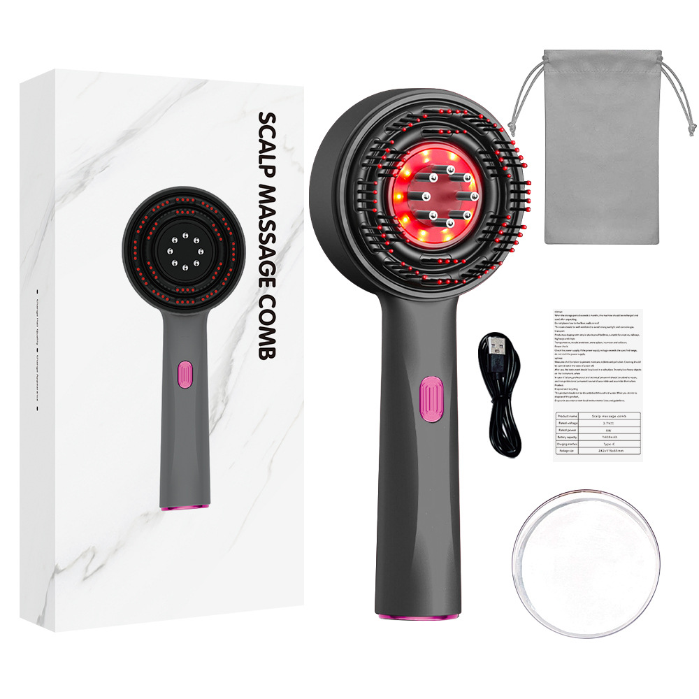 Dark Gray Luxury Red-Light Therapy Electric Scalp Massager Comb with Liquid Applicator - 3 Modes Vibration for Hair Growth & Relaxation
