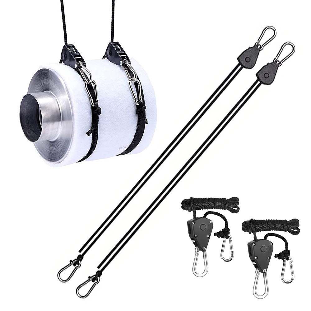 4-Pack 2M Heavy Duty Grow Light Hanger Rope Ratchet - All Black Adjustable Aluminum Pulley System - 50KG+ Load, Auto-Lock Anti-Slip for Tent & Hydroponics