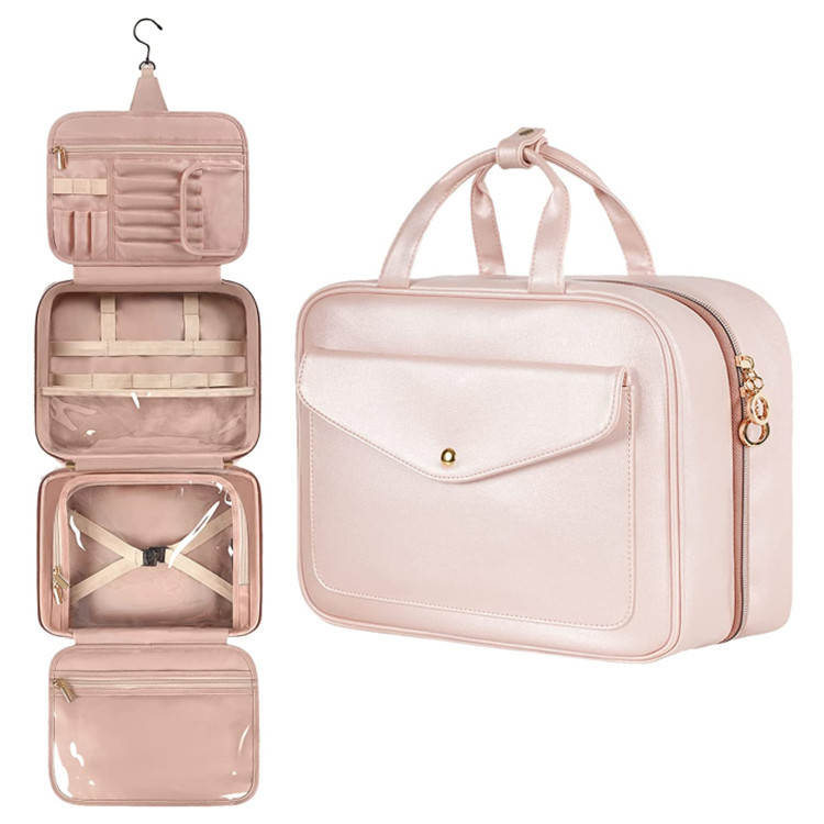 Pink Portable Large Hanging Womens' Luxury PU Leather Cosmetic Bag -  Waterproof Travel Toiletry Organizer , Easy Visibility & Durable